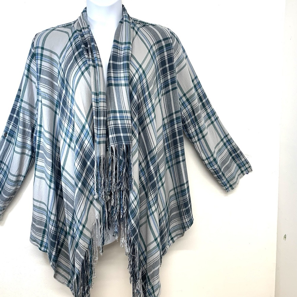 Matilda Jane FlannelOpen  Kimono Top Plaid Medium Fringe Pockets‎ Long Roll Tab